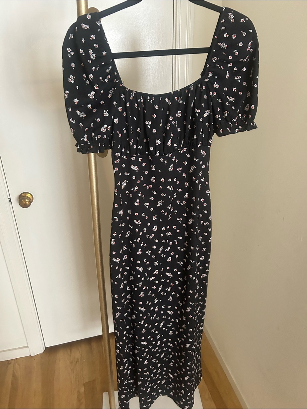Topshop Black Floral Puff Sleeve Midi Dress Cottagecore Milkmaid US 6 - Picture 6 of 6